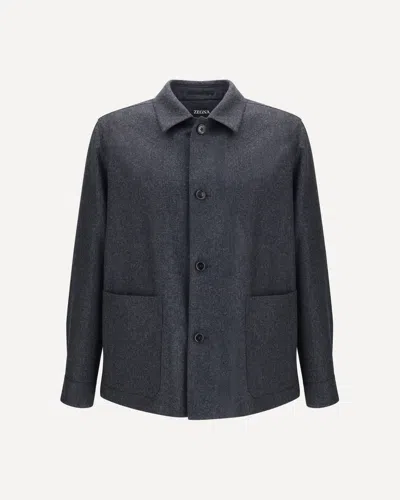 Zegna Wool Jacket Featuring Long Sleeves And Pockets In Blue