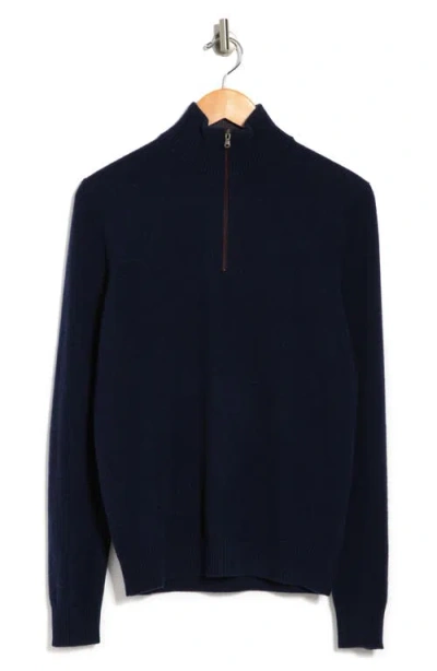 Amicale Cashmere Quarter Zip Pullover W/ Piping In Blue