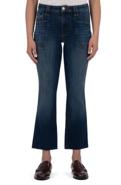 Kut From The Kloth Kelsey High Rise Flare Inset Raw Hem Jean In Precocious In Blue
