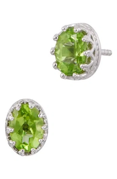 Savvy Cie Jewels Rhodium Plated Sterling Silver Oval Semiprecious Stone Stud Earrings In Green
