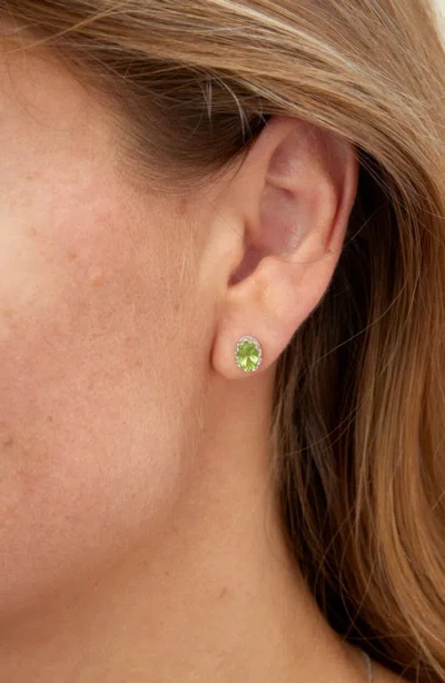 Savvy Cie Jewels Rhodium Plated Sterling Silver Oval Semiprecious Stone Stud Earrings In Green