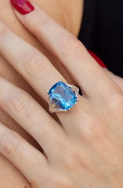 Savvy Cie Jewels Rhodium Plated Sterling Silver Fluorite & Cubic Zirconia Ring In Blue