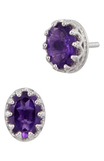 Savvy Cie Jewels Rhodium Plated Sterling Silver Oval Semiprecious Stone Stud Earrings In Purple