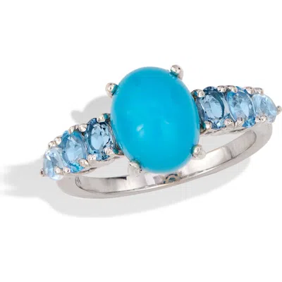 Savvy Cie Jewels Rhodium Plated Sterling Silver Sleeping Beauty Turquoise & Blue Topaz Ring In Blue