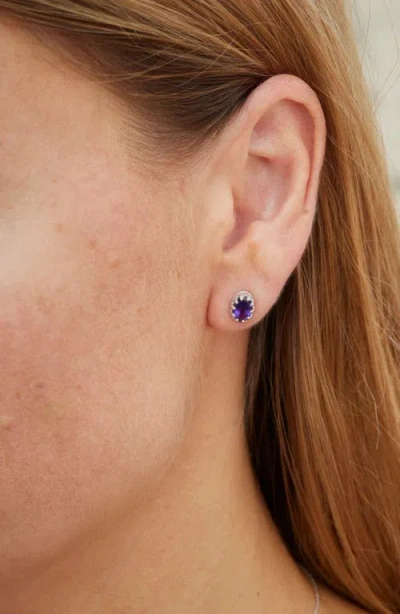 Savvy Cie Jewels Rhodium Plated Sterling Silver Oval Semiprecious Stone Stud Earrings In Purple