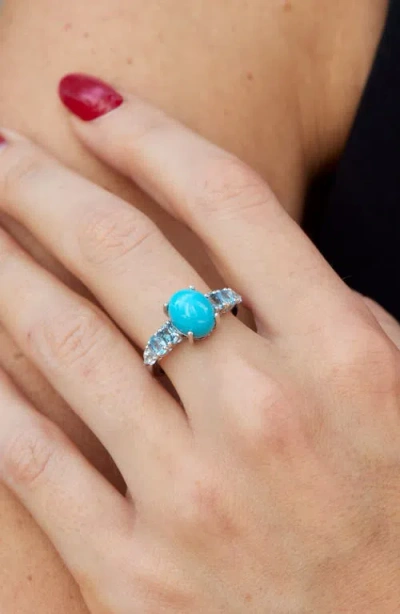 Savvy Cie Jewels Rhodium Plated Sterling Silver Sleeping Beauty Turquoise & Blue Topaz Ring In Blue