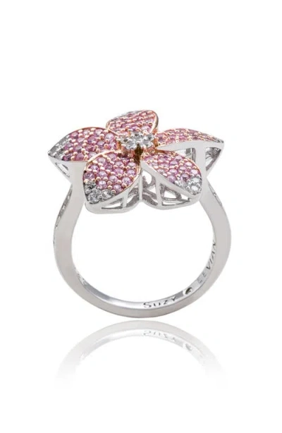 Suzy Levian Silver 0.02 Ct. Tw. Diamond & Gemstone Flower Ring In Pink