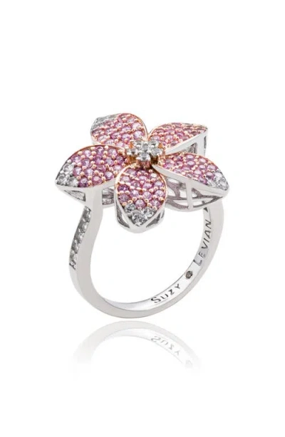 Suzy Levian Silver 0.02 Ct. Tw. Diamond & Gemstone Flower Ring In Pink