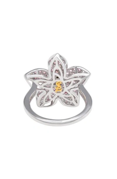 Suzy Levian Silver 0.02 Ct. Tw. Diamond & Gemstone Flower Ring In Pink