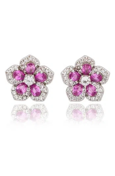 Suzy Levian Sapphire & Diamond Flower Stud Earrings In Silver