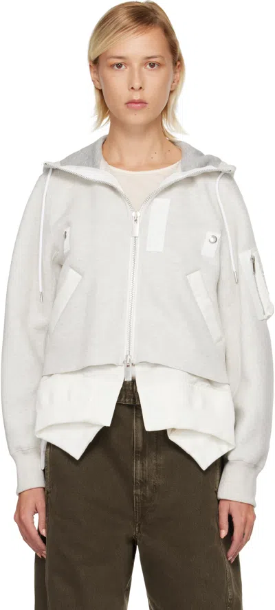 Sacai Gray & White Sponge Sweat & Nylon Twill Hoodie In White