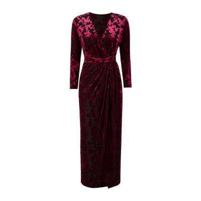 Yumi Velour Stretch Midi Dress In Burgundy