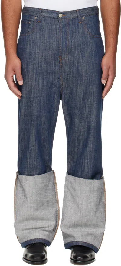 Edward Cuming Navy Turn-up Drop-down Jeans In Blue
