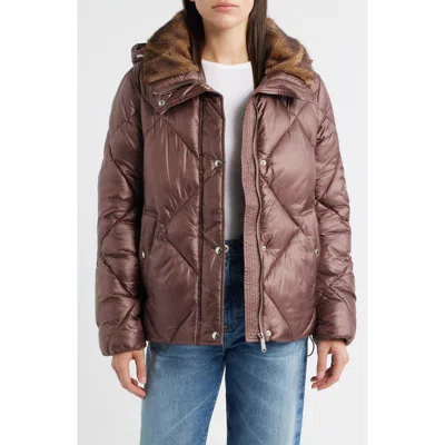 Sam Edelman Diamond Quilted Puffer Jacket With Faux Fur Hood In Brown