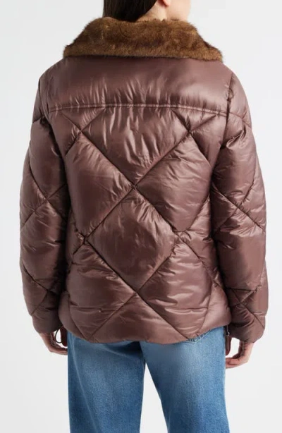 Sam Edelman Diamond Quilted Puffer Jacket With Faux Fur Hood In Brown