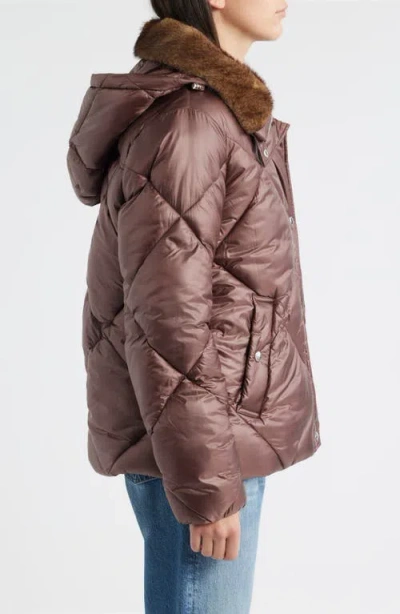 Sam Edelman Diamond Quilted Puffer Jacket With Faux Fur Hood In Brown