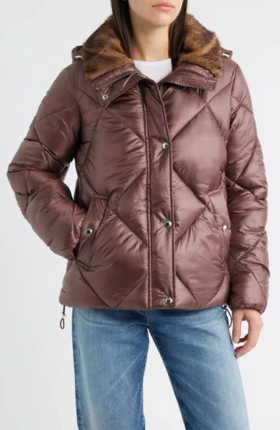 Sam Edelman Diamond Quilted Puffer Jacket With Faux Fur Hood In Brown