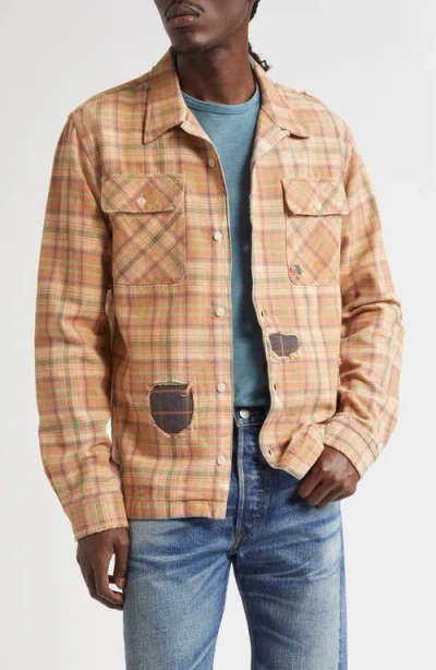 Double Rl Plaid Rip & Repair Cotton Twill Button-up Overshirt In Orange