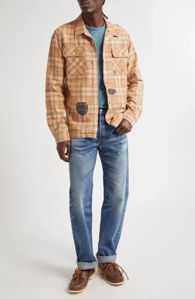 Double Rl Plaid Rip & Repair Cotton Twill Button-up Overshirt In Orange