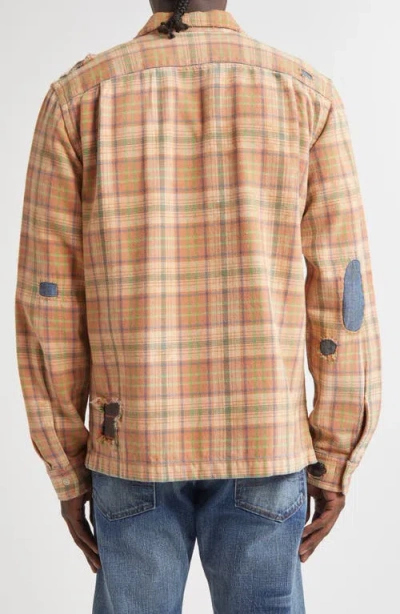 Double Rl Plaid Rip & Repair Cotton Twill Button-up Overshirt In Orange
