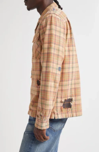 Double Rl Plaid Rip & Repair Cotton Twill Button-up Overshirt In Orange