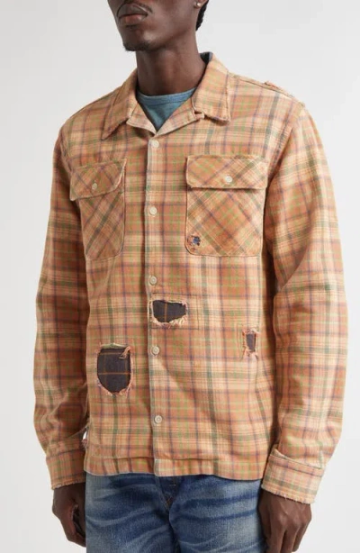 Double Rl Plaid Rip & Repair Cotton Twill Button-up Overshirt In Orange