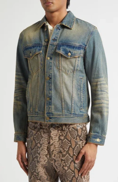 Midnight Rodeo Distressed Vintage Wash Denim Trucker Jacket In Blue