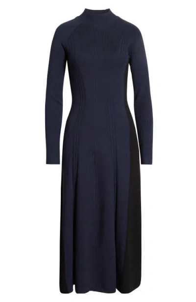Reiss Zaya Mock Neck Long Sleeve Rib Dress In Blue