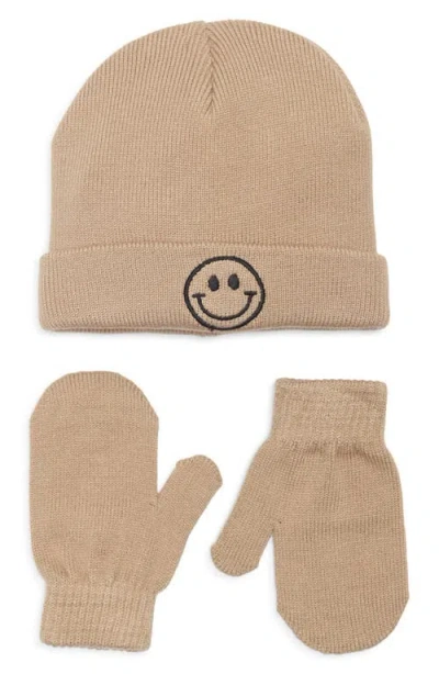 Capelli New York Kids' Smiley Rib Cable Knit Pompom Beanie & Mittens Set In Brown