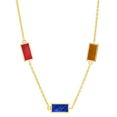 Jan Leslie Multi Gemstone Three Station Rectangle Dash Necklace In Sterling 18k Gold Overlay In Multi