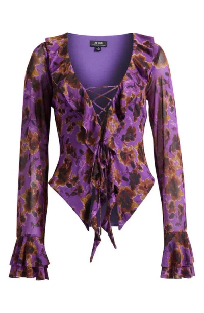 Afrm Cadence Floral Ruffle Top In Purple