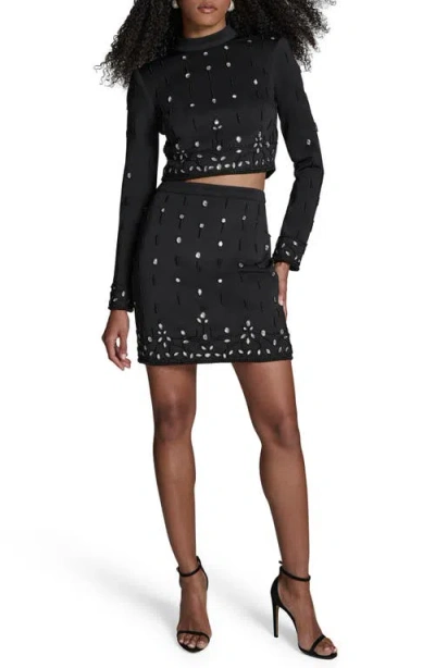 Bcbg Crystal & Bead Detail Long Sleeve Top & Miniskirt Set In Black