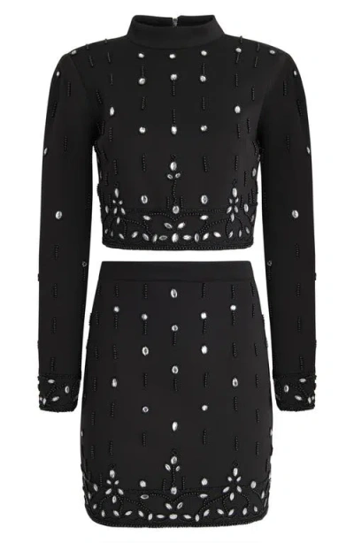 Bcbg Crystal & Bead Detail Long Sleeve Top & Miniskirt Set In Black