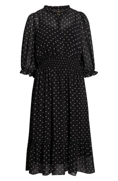 Sugarlips Irene Rosaly Bow Print Long Sleeve Smock Waist Dress In Black