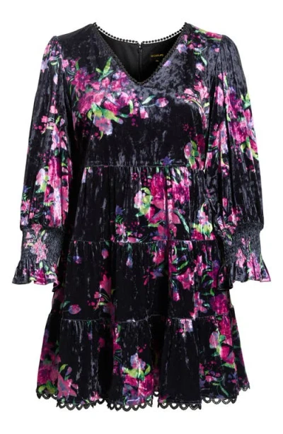 Sugarlips Tulda Amari Floral Long Sleeve Tiered Velvet Dress In Black