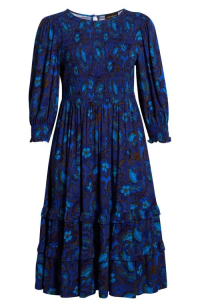 Sugarlips Bluford Smocked Long Sleeve Midi Dress In Blue