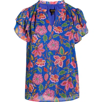 Sugarlips Wendey Metallic Floral Print Top In Blue