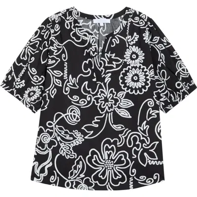 Sugarlips Haylie Floral Split Neck Cotton Top In Black