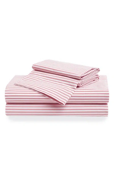 Petite Plume Antique Red Ticking Stripe Cotton Percale Sheet Set In Pink