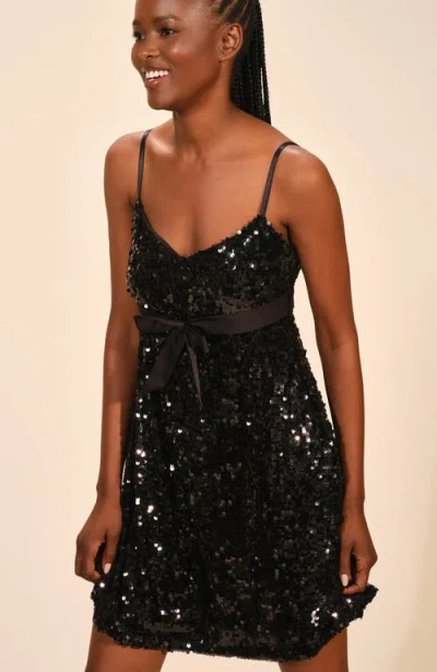 Isaac Mizrahi New York Sequin Tie Waist A-line Minidress In Black