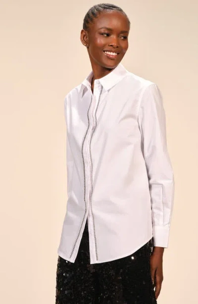 Isaac Mizrahi New York Rhinestone Embellished Cotton Button-up Shirt In White