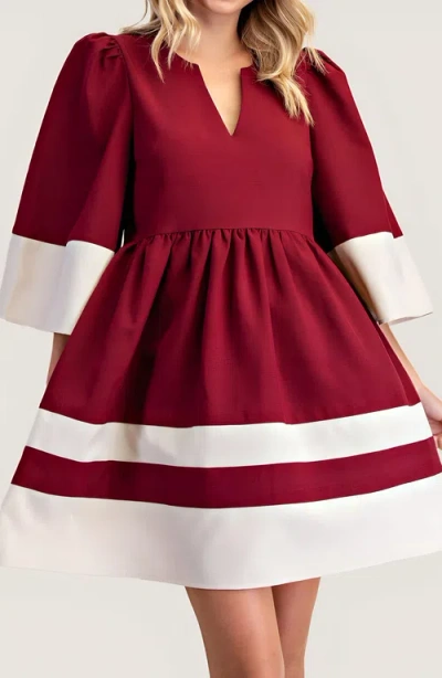 Modenaire Fit And Flare Mini Dress With Contrast Cuff, Hemline And Notch Neck In Burgundy