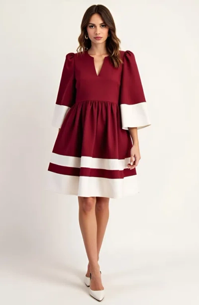 Modenaire Fit And Flare Mini Dress With Contrast Cuff, Hemline And Notch Neck In Burgundy