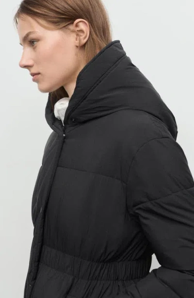 Mango Quilted Hooded Coat With Faux Shearling Trim In Black