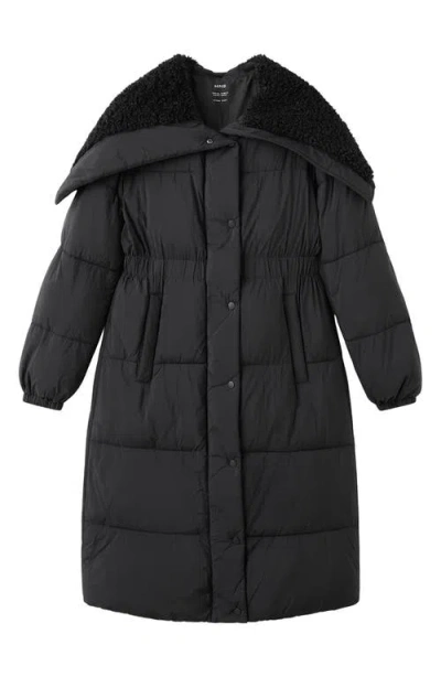 Mango Quilted Hooded Coat With Faux Shearling Trim In Black