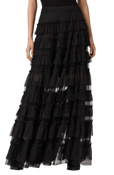 Allsaints Womens Black Arlea Elasticated-waist Lace-trim Woven Maxi Skirt In Black