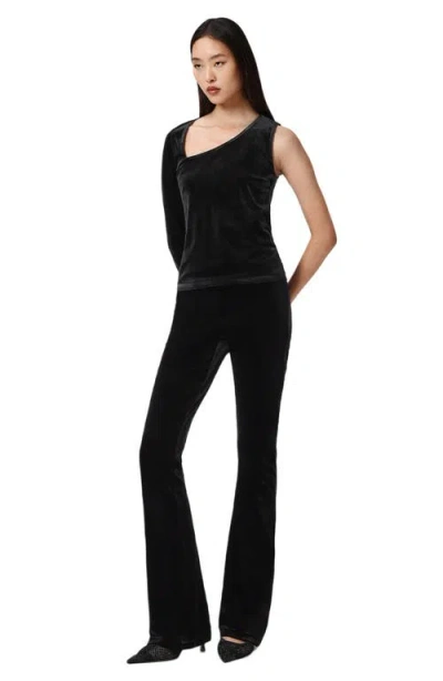 Allsaints Womens Black Ari Asymmetric-neck One-sleeve Stretch-velvet Top In Black