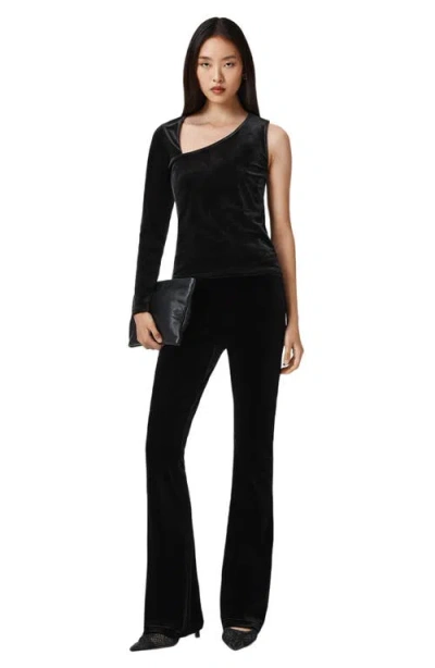 Allsaints Womens Black Ari Asymmetric-neck One-sleeve Stretch-velvet Top In Black
