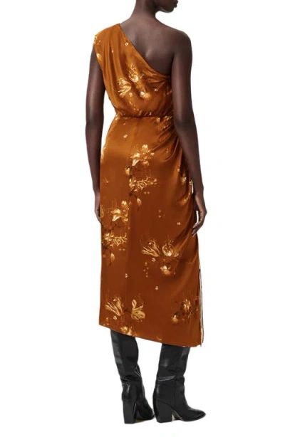 Allsaints Womens Ania Rust Brow Laura One-shoulder Silk-blend Midi Dress In Orange