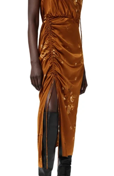 Allsaints Womens Ania Rust Brow Laura One-shoulder Silk-blend Midi Dress In Orange